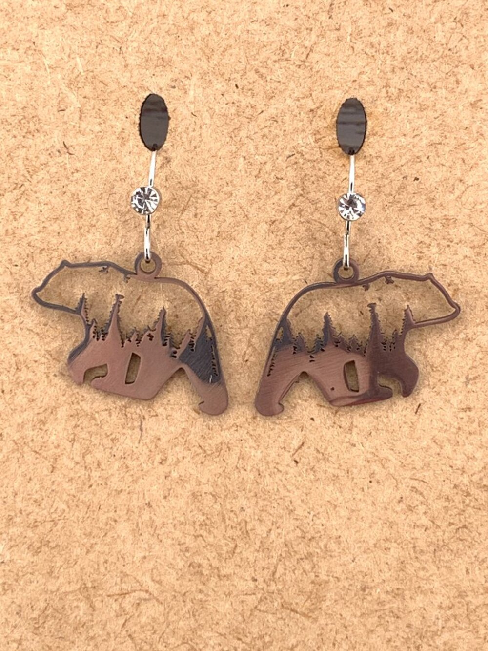 Bear Pine Trees Stainless Steel Handmade Handcrafted Earrings LR178